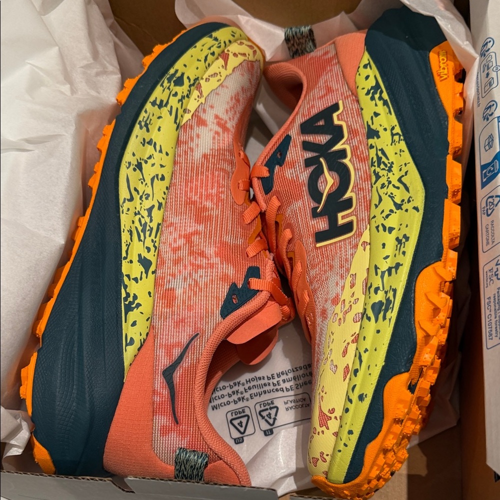 Hoka Women's Trail Runner in Coral and Yellow with Navy Accents - Picture 11 of 11